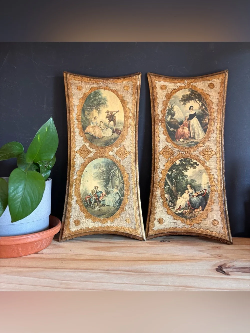 Vintage Italian Florentine Wall Plaque Set Of 2